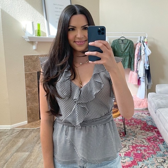 Max Studio Wrap Ruffle V neck checkered blouse - Picture 1 of 4